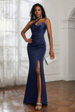 Mermaid Satin Ruched Pleated Formal Evening Dresses with Slit Prom Party Gowns