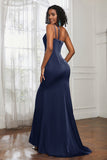 Mermaid Satin Ruched Pleated Formal Evening Dresses with Slit Prom Party Gowns