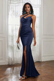 Mermaid Satin Ruched Pleated Formal Evening Dresses with Slit Prom Party Gowns