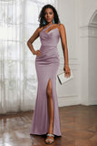 Mermaid Satin Ruched Pleated Formal Evening Dresses with Slit Prom Party Gowns