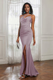 Mermaid Satin Ruched Pleated Formal Evening Dresses with Slit Prom Party Gowns