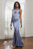 Mermaid Satin Ruched Pleated Formal Evening Dresses with Slit Prom Party Gowns