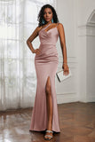 Mermaid Satin Ruched Pleated Formal Evening Dresses with Slit Prom Party Gowns