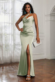Mermaid Satin Ruched Pleated Formal Evening Dresses with Slit Prom Party Gowns