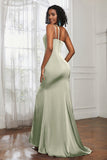 Mermaid Satin Ruched Pleated Formal Evening Dresses with Slit Prom Party Gowns