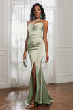 Mermaid Satin Ruched Pleated Formal Evening Dresses with Slit Prom Party Gowns