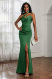 Mermaid Satin Ruched Pleated Formal Evening Dresses with Slit Prom Party Gowns