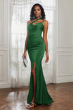 Mermaid Satin Ruched Pleated Formal Evening Dresses with Slit Prom Party Gowns