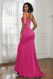 Mermaid Satin Ruched Pleated Formal Evening Dresses with Slit Prom Party Gowns