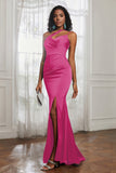 Mermaid Satin Ruched Pleated Formal Evening Dresses with Slit Prom Party Gowns