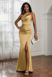 Mermaid Satin Ruched Pleated Formal Evening Dresses with Slit Prom Party Gowns