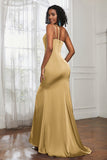 Mermaid Satin Ruched Pleated Formal Evening Dresses with Slit Prom Party Gowns