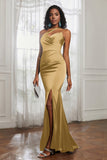 Mermaid Satin Ruched Pleated Formal Evening Dresses with Slit Prom Party Gowns