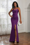 Mermaid Satin Ruched Pleated Formal Evening Dresses with Slit Prom Party Gowns