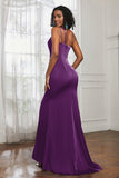 Mermaid Satin Ruched Pleated Formal Evening Dresses with Slit Prom Party Gowns