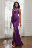Mermaid Satin Ruched Pleated Formal Evening Dresses with Slit Prom Party Gowns