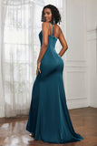 Mermaid Satin Ruched Pleated Formal Evening Dresses with Slit Prom Party Gowns
