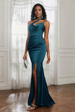 Mermaid Satin Ruched Pleated Formal Evening Dresses with Slit Prom Party Gowns