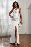 Mermaid Satin Ruched Pleated Formal Evening Dresses with Slit Prom Party Gowns
