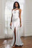 Mermaid Satin Ruched Pleated Formal Evening Dresses with Slit Prom Party Gowns