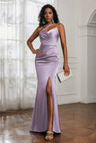 Mermaid Satin Ruched Pleated Formal Evening Dresses with Slit Prom Party Gowns