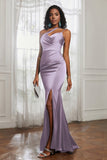 Mermaid Satin Ruched Pleated Formal Evening Dresses with Slit Prom Party Gowns