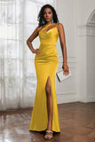 Mermaid Satin Ruched Pleated Formal Evening Dresses with Slit Prom Party Gowns