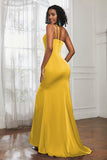 Mermaid Satin Ruched Pleated Formal Evening Dresses with Slit Prom Party Gowns