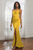 Mermaid Satin Ruched Pleated Formal Evening Dresses with Slit Prom Party Gowns