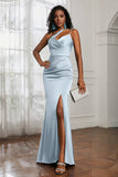 Mermaid Satin Ruched Pleated Formal Evening Dresses with Slit Prom Party Gowns