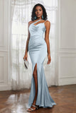 Mermaid Satin Ruched Pleated Formal Evening Dresses with Slit Prom Party Gowns