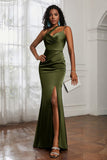Mermaid Satin Ruched Pleated Formal Evening Dresses with Slit Prom Party Gowns
