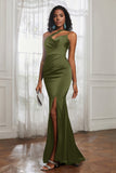 Mermaid Satin Ruched Pleated Formal Evening Dresses with Slit Prom Party Gowns