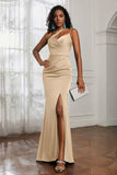 Mermaid Satin Ruched Pleated Formal Evening Dresses with Slit Prom Party Gowns
