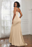 Mermaid Satin Ruched Pleated Formal Evening Dresses with Slit Prom Party Gowns