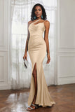 Mermaid Satin Ruched Pleated Formal Evening Dresses with Slit Prom Party Gowns