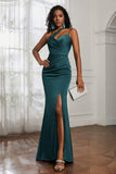 Mermaid Satin Ruched Pleated Formal Evening Dresses with Slit Prom Party Gowns