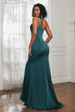 Mermaid Satin Ruched Pleated Formal Evening Dresses with Slit Prom Party Gowns