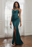 Mermaid Satin Ruched Pleated Formal Evening Dresses with Slit Prom Party Gowns