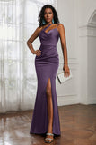 Mermaid Satin Ruched Pleated Formal Evening Dresses with Slit Prom Party Gowns