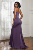 Mermaid Satin Ruched Pleated Formal Evening Dresses with Slit Prom Party Gowns