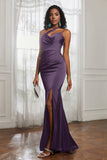 Mermaid Satin Ruched Pleated Formal Evening Dresses with Slit Prom Party Gowns