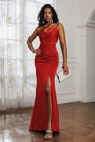 Mermaid Satin Ruched Pleated Formal Evening Dresses with Slit Prom Party Gowns