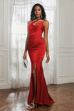Mermaid Satin Ruched Pleated Formal Evening Dresses with Slit Prom Party Gowns