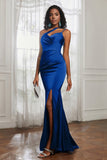Mermaid Satin Ruched Pleated Formal Evening Dresses with Slit Prom Party Gowns