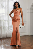 Mermaid Satin Ruched Pleated Formal Evening Dresses with Slit Prom Party Gowns