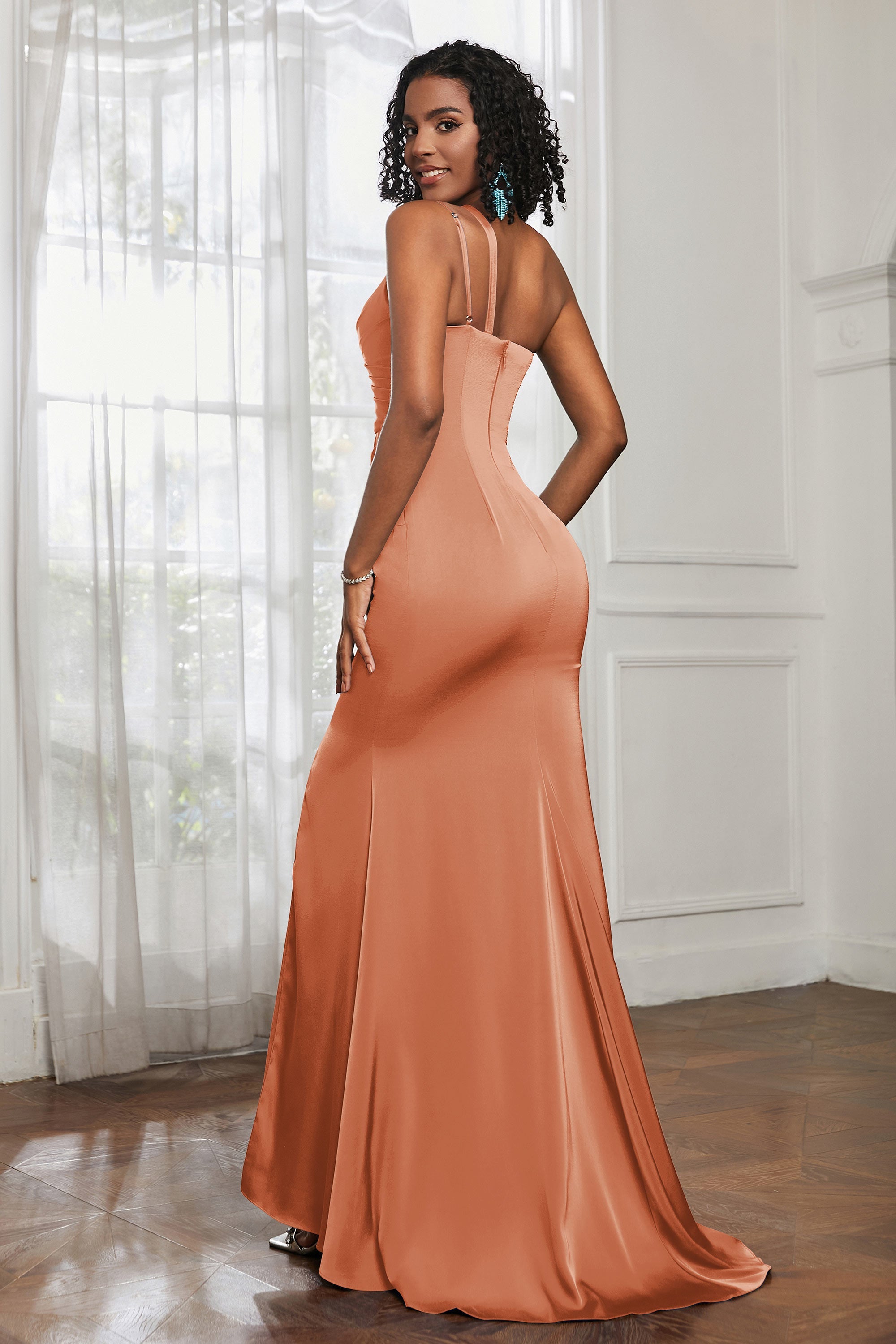 Mermaid Satin Ruched Pleated Formal Evening Dresses with Slit Prom Party Gowns