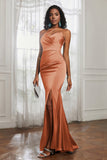 Mermaid Satin Ruched Pleated Formal Evening Dresses with Slit Prom Party Gowns