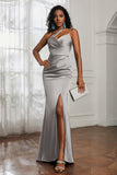 Mermaid Satin Ruched Pleated Formal Evening Dresses with Slit Prom Party Gowns
