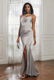 Mermaid Satin Ruched Pleated Formal Evening Dresses with Slit Prom Party Gowns